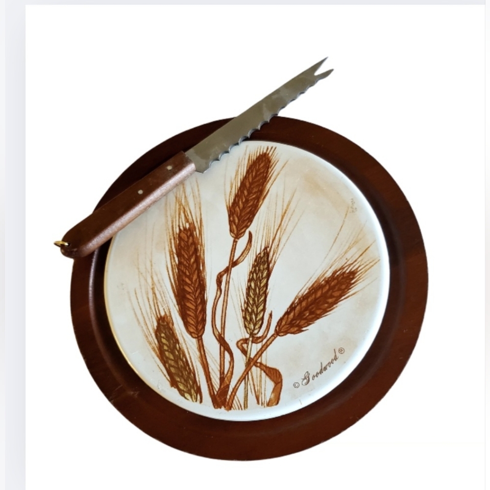 Goodwood Vintage Teak Wood Ceramic 7" Cheese Plate Attached Knife Harvest